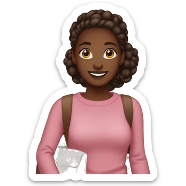 Girl smiling, walking through the mall, dark skin, in a pink sweater, wearing white sneakers, hair in a bun on top of her head, marsala hair color, brown eyes, with bags in her hands. sticker