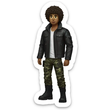 A dark skinned curly haired punk guy with urban camo pants and tactical boots and wearing a Leather jacket sticker