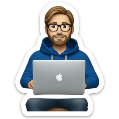 Brown hair white man with a beard and round glasses typing on apple computer wearing a dark blue nike hoodie sticker