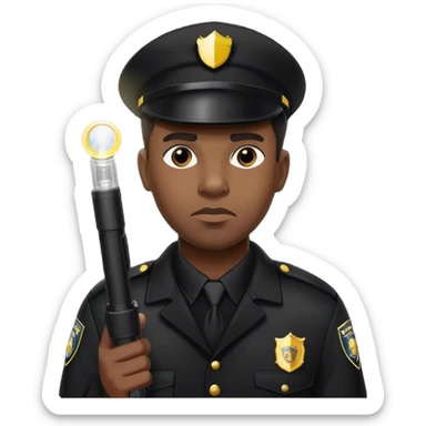 A vigilant male security guard wearing a black uniform, a cap with ‘SECURITY’ embroidered on it, and a black jacket. He holds a flashlight  shining its beam forward, with a focused and alert expression. sticker