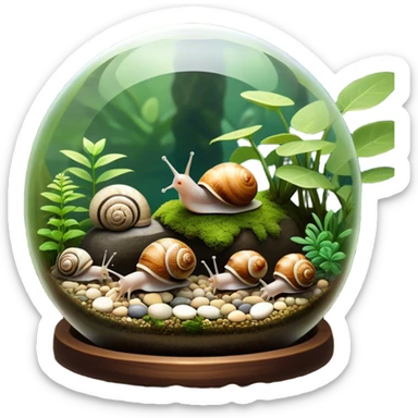 A collection of various snails and mollusks inside a big, lush terrarium with plants and moss. Some snails are crawling along the glass while others rest on pebbles. The scene is serene with soft lighting, showcasing the natural beauty of the mollusks. Transparent background. sticker