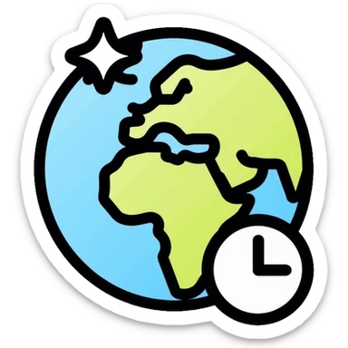 Earth globe with a small clock in the bottom corner, timezone icon sticker