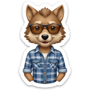 head and shoulders friendly brown-furred anthropomorphised wolf in plaid shirt and jeans, wearing dark sunglasses, relaxed pose sticker