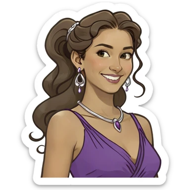 Young woman with long brown hair in a high wavy ponytail, with a single curl falling on her forehead. She wears a purple Grecian dress and has a confident, playful smile. Inspired by Disney animation. sticker
