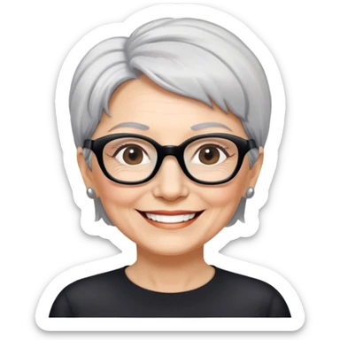 bà lão 60 tuổi, da trắng, tóc ngắn màu bạc, đeo kính màu đen, mặt cười tươi, hơi có nếp nhăn nhẹ, nửa thân trên sticker