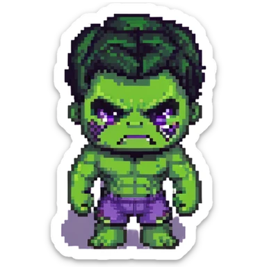 chibi version of Hulk from Marvel, exaggerated head, green skin, purple shorts sticker