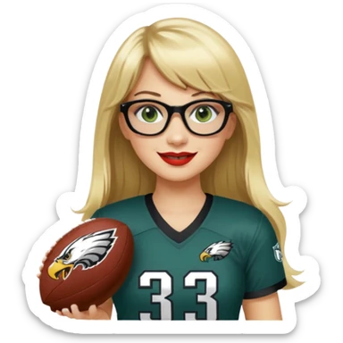 full length women wearing eagles uniform, long blonde hair, bangs, green eyes, black glasses, holding football, number 33, smiling, lipstick sticker