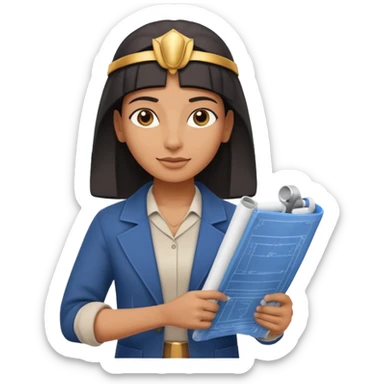 Emoji portrait of an Egyptian architect. Clean clothes, holding a blueprint scroll, confident expression. sticker