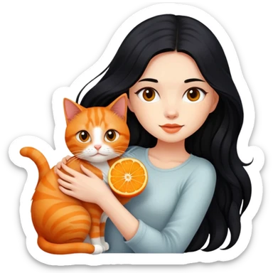 beautiful girl with long flowing black hair holding an orange ginger cat sticker