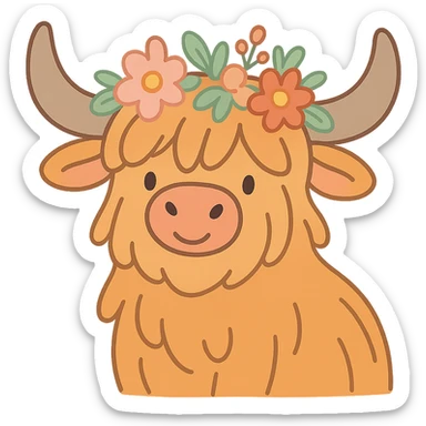 highland cow with a floral crown, soft pastel style sticker