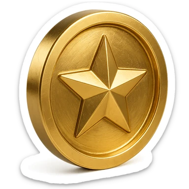 a gold coin with a star, embossed sticker