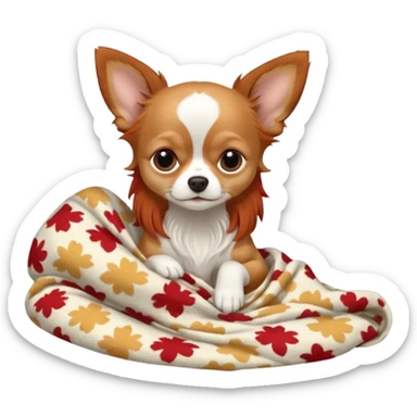Long haired chihuahua, beige/redhaired with white chest and white socks, head without white, sleeping cutely under blanket sticker