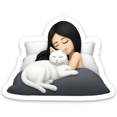 White girl with black hair sleeping with white cat sticker