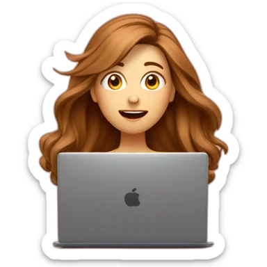 women in front of a laptop with a surprised face, brown light long hair, she is looking the laptop, hair in the air, caucasian, speed red background sticker