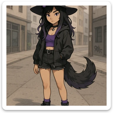 modern interpretation of a witch with black hair, wolf ears and wolf tail, youthful, purple accents, trendy clothing, urban style sticker