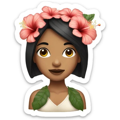 Girl with freckled skin with black straight hair holding hibiscus flowers sticker