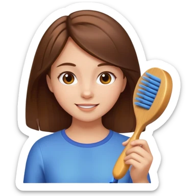 sweet girl with shiny brown hair brushing it gently, cheerful expression, iPhone emoji style sticker
