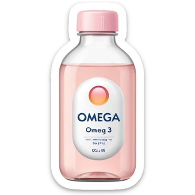 White omega-3 bottle with pastel pink label, clean minimal background sticker