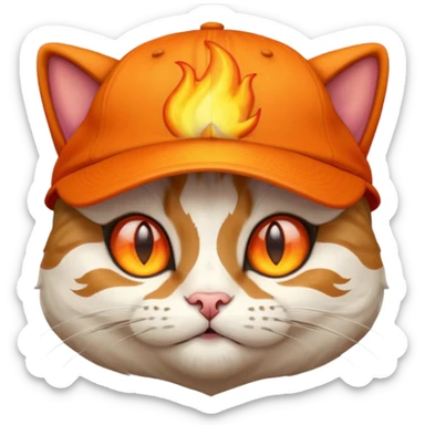 Cat with the flames in his eyes with a orange baseball hat on his head sticker
