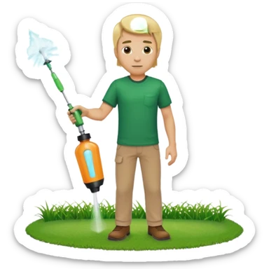 man blonde hair and no hat with a emerald green shirt and tan pants on carrying chemical sprayer and pointing it downwards to spray at bright green grass sticker