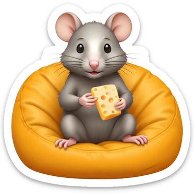 rat sitting in bean bag chair while eating cheese sticker