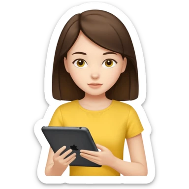 pretty brunette girl wearing yellow top ipad studying  sticker