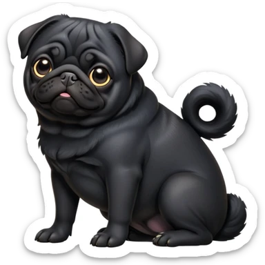cinematic-[black pug]-realistic-full-body-sitting-emoji,-tail-resting-loosely-beside-its-paws,-head-tilted-dramatically, -sleek-[black]-fur,-simplified-yet-realistic-focused-features,-highly-detailed,-glowing-with-an-almost-sarcastic-glow sticker