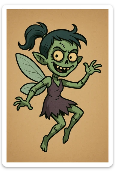 zombie fairy, cartoon style, stitched limbs, mischievous grin, floating sticker