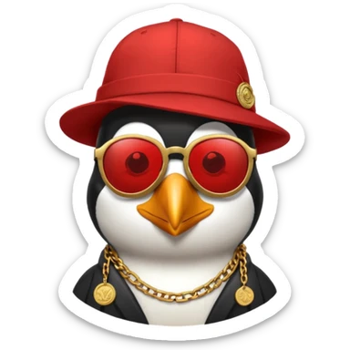 Mike D from Beastie Boys with dark sun glasses and large penguin medallion on gold chain and Red Hat with Mike D printed on hat sticker