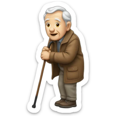 Old man leaning on a walking cane holding his back with the other hand sticker