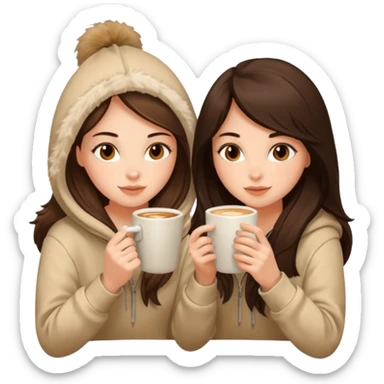 2 brunette girls sitting cozily in a beige fur hoodie sipping coffee sticker