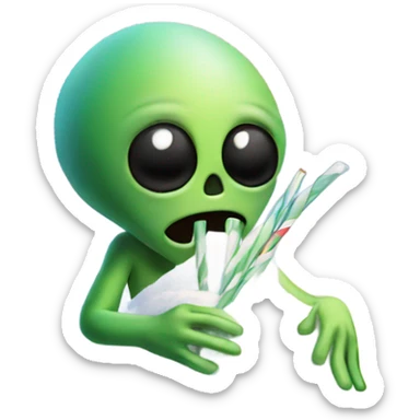 alien holding a small straw next to a mound of snow sticker