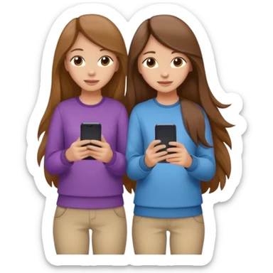 two brown haired girls, looking professional maybe leaned on each others back and looking forward and using phones, with long hair and with some cute clothes without ties, one girl can hold lap top another one can hold the phone sticker