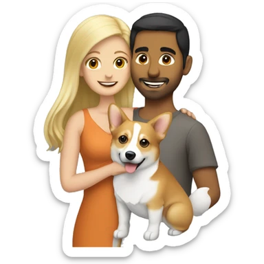 blonde girl with arab guy holding a corgi in their arms sticker