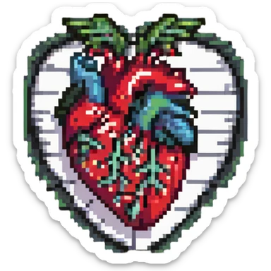 cartoonish anatomical heart with mouth open, musical notes around, pixel art sticker