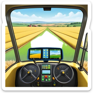 a view from the tractor cabin, with the dashboard in focus, overlooking a vibrant rural landscape. Inspired by Farming Simulator 22, the scene includes fields, crops, and distant barns under a bright sky. The design highlights the immersive experience of farm management. transparent background sticker