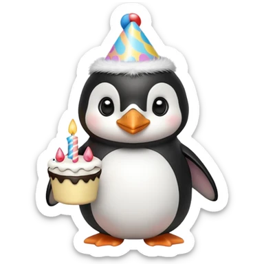 cute penguin with birthday hat hold a birthday cake in arms sticker