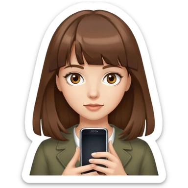 "A girl with brown hair and bangs, medium length hair, brown eyes, long eyelashes, holding a phone." sticker