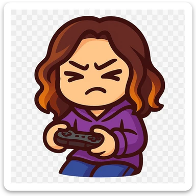 Update this chibi emote to remove the headband, sparkles, and wand. Change the outfit to a purple hoodie and jeans, holding a game controller in a gaming pose sticker