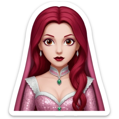 Aleera, Bride of Dracula from Van Helsing with long dark red hair, light pink sequin outfit sticker