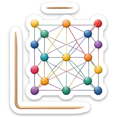 String art icon, colorful threads forming geometric patterns, pins on a board, intricate design, minimalistic style, clean lines, transparent background. sticker