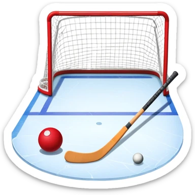 A red ball and hockey stick resting on an ice rink, with the goalposts and clear markings in the background. The scene captures the unique nature of field hockey with a ball on ice, emphasizing the speed and precision of the sport in a cold, competitive atmosphere. sticker