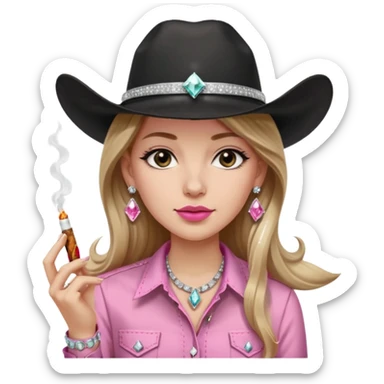 White girl, black cowboy hate with hat band sparkling, long light brown straight hair, pink and black western shirt, smoking a joint,  big white diamond stud earrings sticker