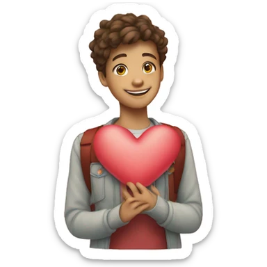 A smiling teenager holds a heart that is made up of small squares sticker