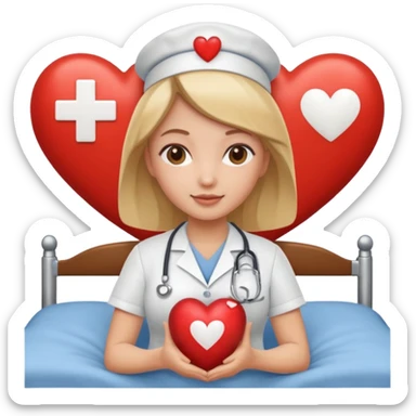 a caring nurse with a heart symbol and a bed icon, warm Apple emoji style sticker