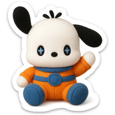 Make Pochacco white with black ears, wearing an orange and blue space suit, keep plushy Popmart doll style, cute and playful, no background. The style should reflect a plushy Popmart doll look, cute and playful. sticker