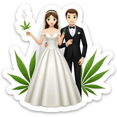 A bride in white wedding dress and groom in tuxedo, full body, sharing a cannabis joint, wedding couple sticker