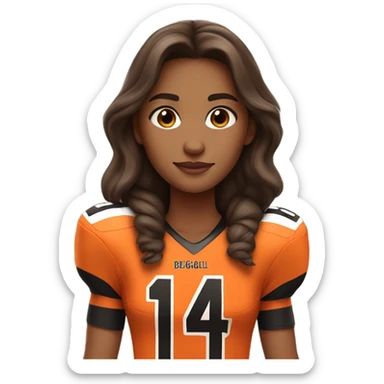Girl with long brown hair, wearing orange and black Bengals football jersey sticker