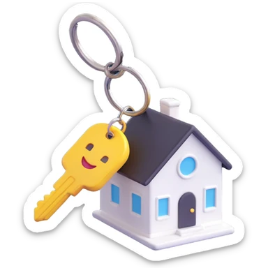 white key with a white house-shaped keychain on a chain, 3D Emoji style, angled view, soft shadows and highlights, transparent background, no decoration sticker