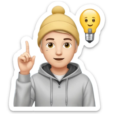 startup founder with a light bulb above head and one finger pointing up, wearing a casual hoodie, emoji style sticker